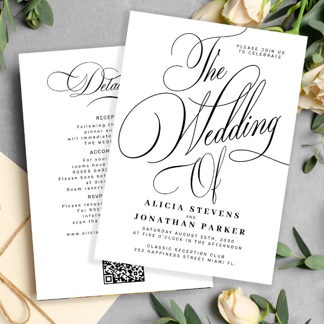 Elegant calligraphy black white all in one wedding invitation (Creator Uploaded)