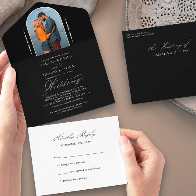 Elegant Calligraphy Black White Photo RSVP Wedding All In One Invitation (Creator Uploaded)