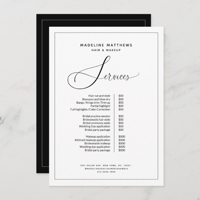 Elegant Calligraphy Black White Salon Price List Menu (Front/Back)