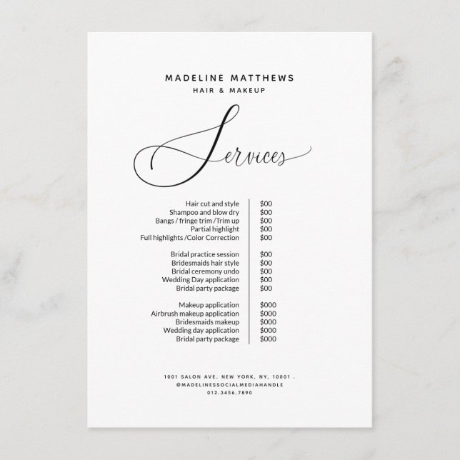 Elegant Calligraphy Black White Salon Price List Menu (Front)