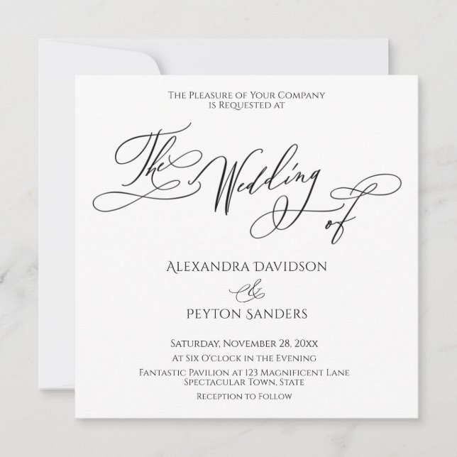 Elegant Calligraphy Black & White "The Wedding of" Invitation (Front)