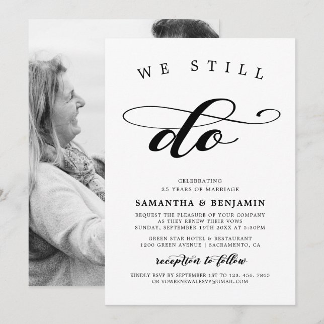 Elegant Calligraphy Black & White Vow Renewal Invitation (Front/Back)