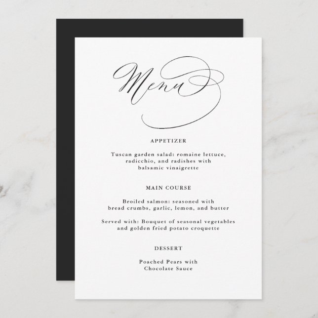 Elegant Calligraphy Black White Wedding Menu (Front/Back)