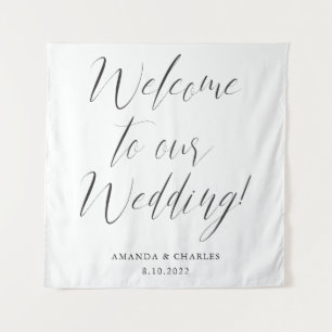 Elegant Calligraphy Black White Wedding Welcome Tapestry