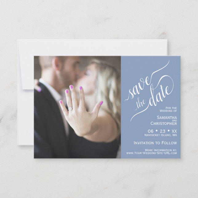 Elegant Calligraphy Blue 2 Pane Photo Wedding Save The Date (Front)