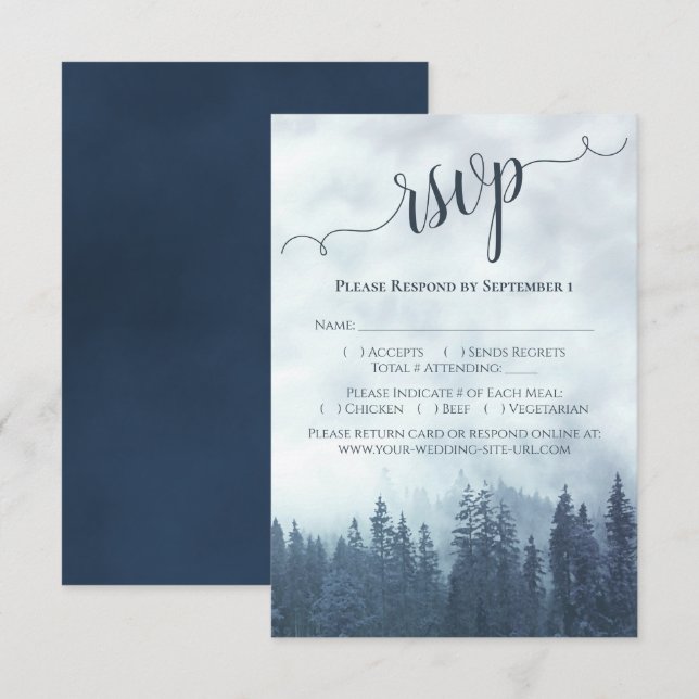 Elegant Calligraphy Blue Mountain Pines Wedding RSVP Card (Front/Back)