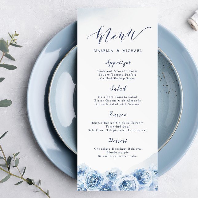 Elegant calligraphy blue watercolor floral wedding menu (Elegant calligraphy blue watercolor floral wedding menu)