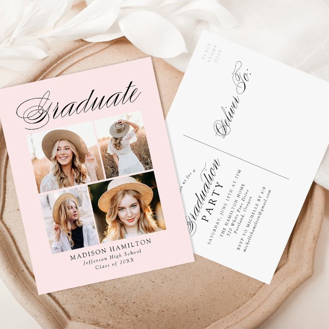 Elegant Calligraphy Blush 4 Photo Graduation Party Invitation Postcard (Creator Uploaded)