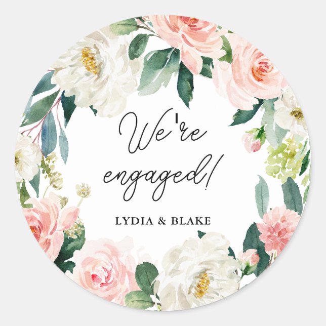 Elegant Calligraphy Blush Floral We're Engaged Classic Round Sticker (Front)