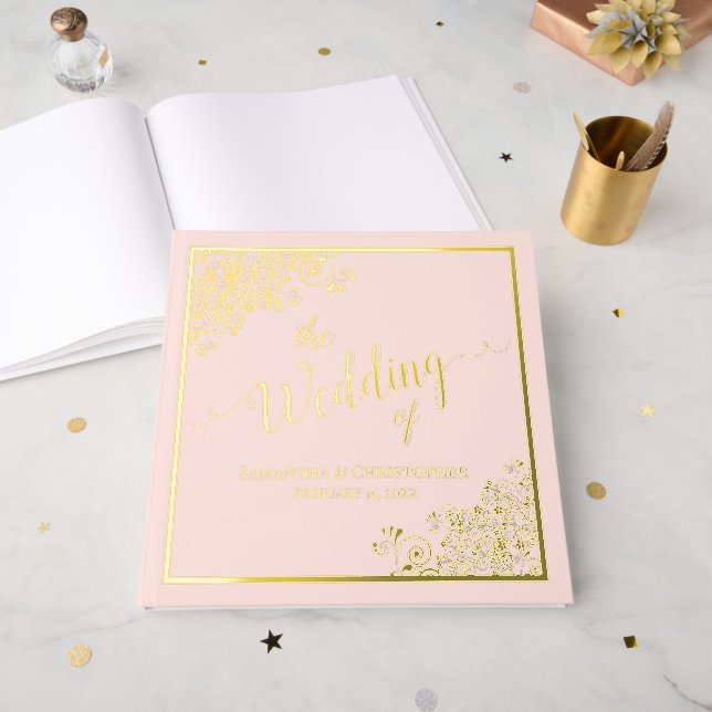 Elegant Calligraphy Blush Pink & Gold Foil Wedding Guest Book (Front Open)
