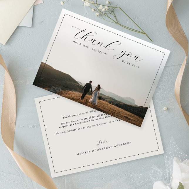 Elegant Calligraphy Border Photo Soft Grey Wedding Thank You Card (Creator Uploaded)