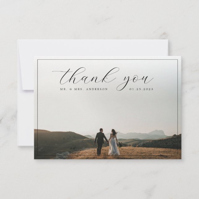 Elegant Calligraphy Border Photo Soft Grey Wedding Thank You Card (Front)