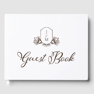 Elegant Calligraphy & Botanical Monogram Crest Guest Book