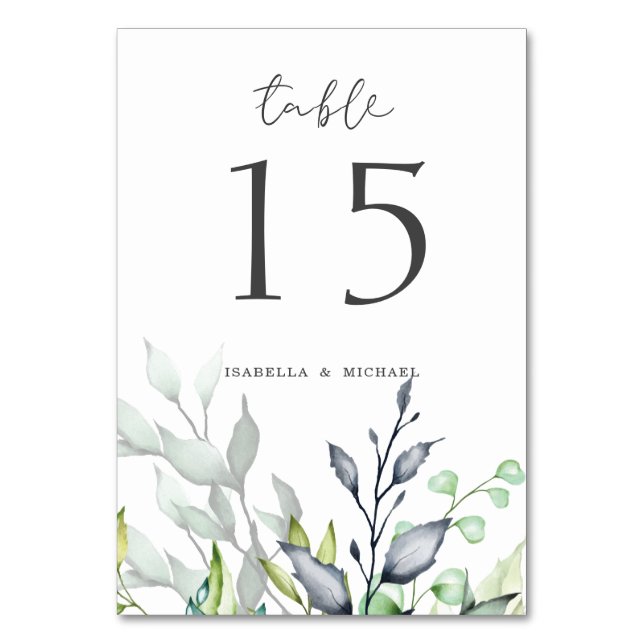 Elegant calligraphy Botanical Wedding Table Number (Front)