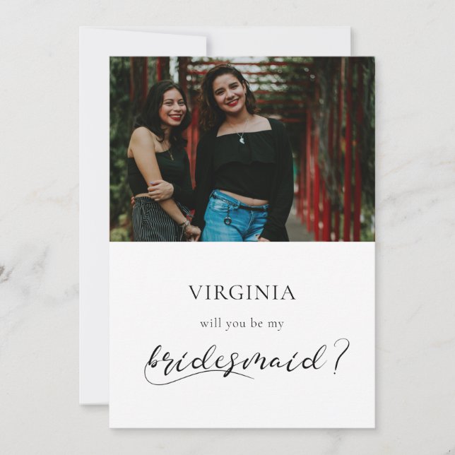 Elegant calligraphy bridesmaid proposal photo card (Front)