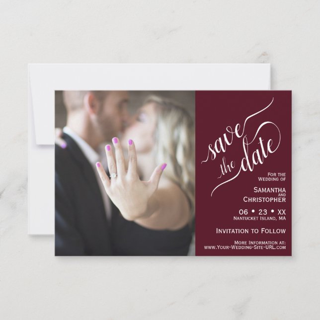 Elegant Calligraphy Burgundy 2 Pane Photo Wedding Save The Date (Front)