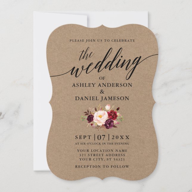 Elegant Calligraphy Burgundy Floral Kraft Wedding Invitation (Front)