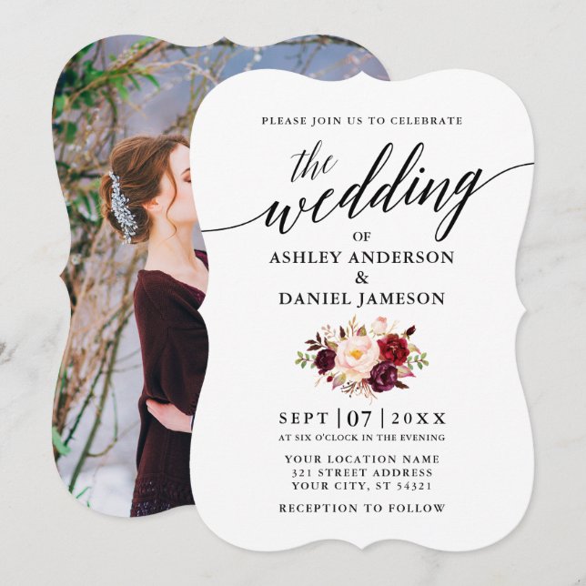 Elegant Calligraphy Burgundy Floral Photo Wedding Invitation (Front/Back)