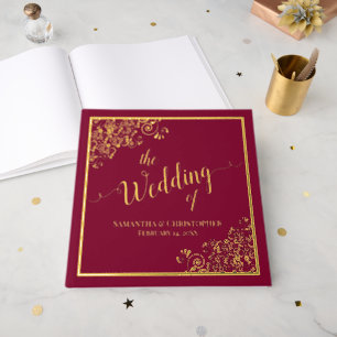 Elegant Calligraphy Burgundy & Gold Foil Wedding Guest Book