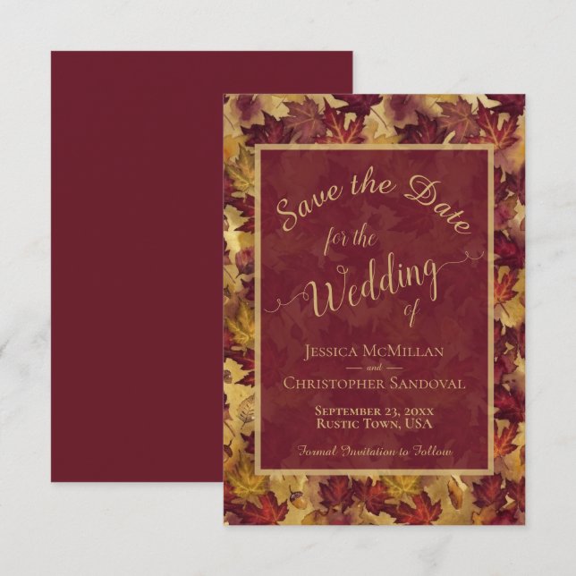 Elegant Calligraphy Burgundy & Gold Leaves Wedding Save The Date (Front/Back)
