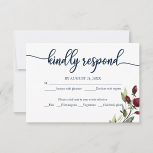 Elegant Calligraphy Burgundy Navy Blue Floral RSVP Card