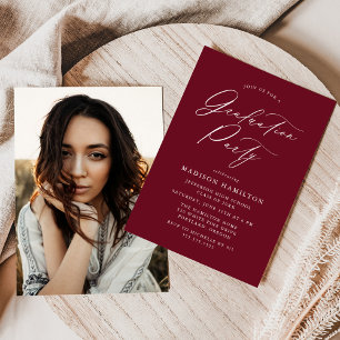 Elegant Calligraphy Burgundy Photo Graduation Invitation
