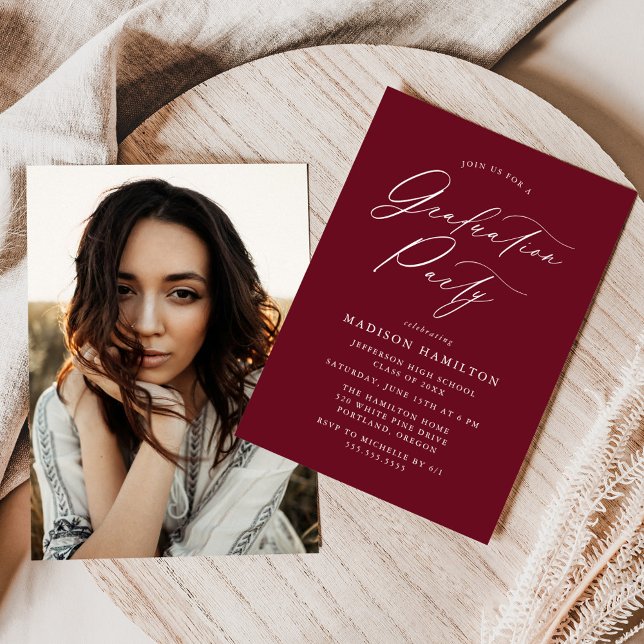 Elegant Calligraphy Burgundy Photo Graduation Invitation (Creator Uploaded)