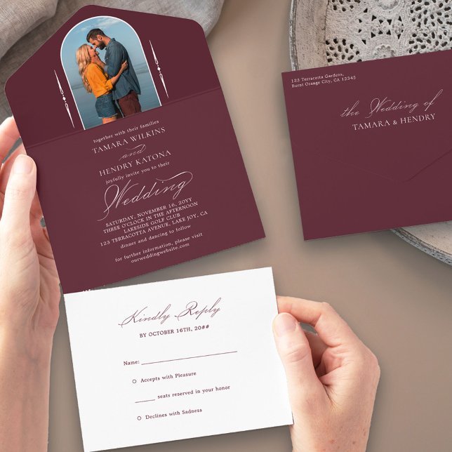 Elegant Calligraphy Burgundy Photo RSVP Wedding All In One Invitation (Creator Uploaded)