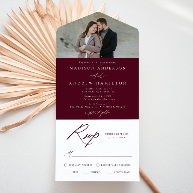 Elegant Calligraphy Burgundy Photo Wedding All In One Invitation (Creator Uploaded)