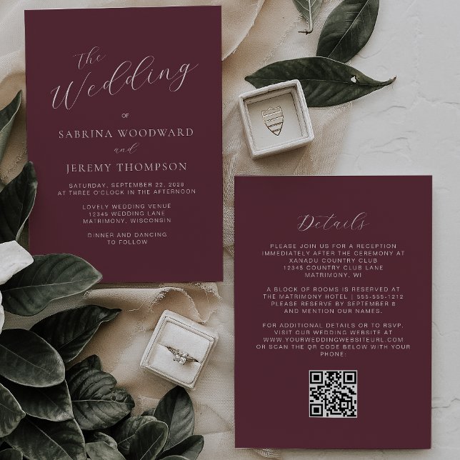Elegant Calligraphy Burgundy QR Code Wedding Invitation (Creator Uploaded)