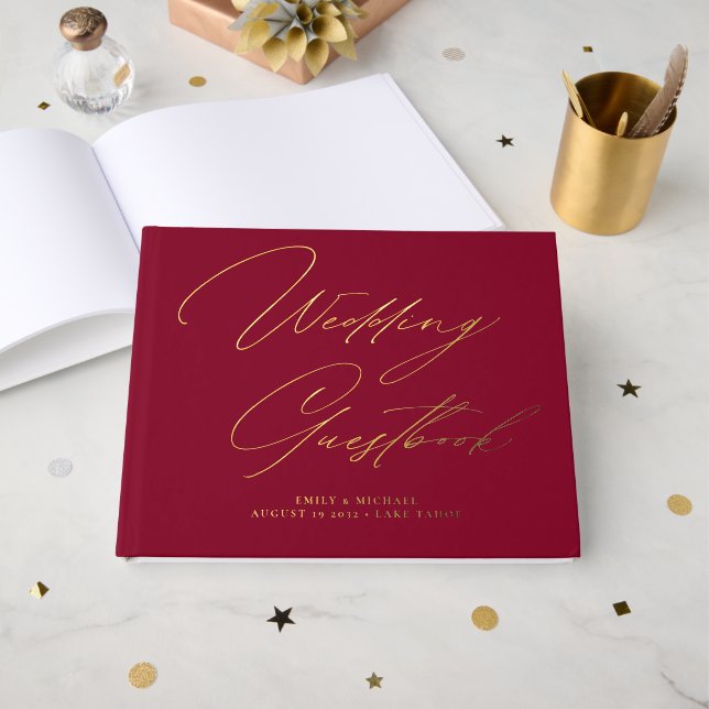 Elegant Calligraphy Burgundy Red Gold Wedding  Guest Book (Front Open)