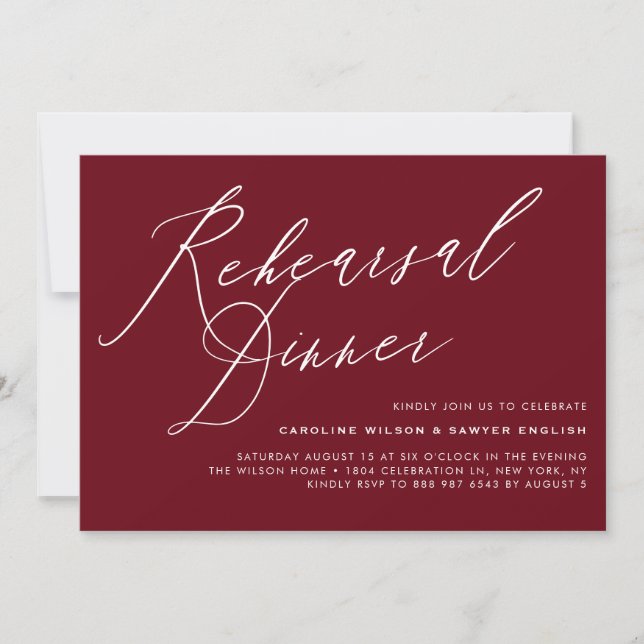 Elegant Calligraphy Burgundy Rehearsal Dinner Invitation (Front)