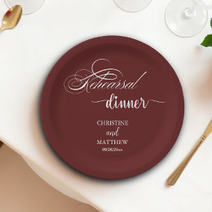 Elegant Calligraphy Burgundy Rehearsal Dinner Paper Plate