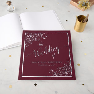 Elegant Calligraphy Burgundy & Silver Foil Wedding Guest Book