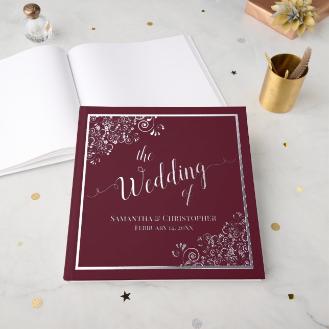 Elegant Calligraphy Burgundy & Silver Foil Wedding Guest Book (Front Open)