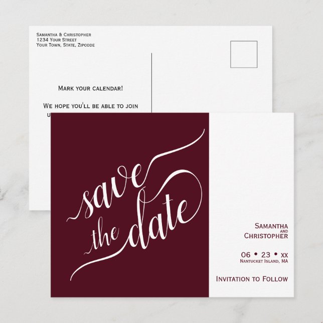 Elegant Calligraphy Burgundy Wedding Save the Date Announcement Postcard (Front/Back)