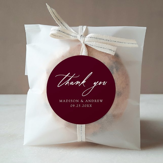 Elegant Calligraphy Burgundy Wedding Thank You Classic Round Sticker (Creator Uploaded)