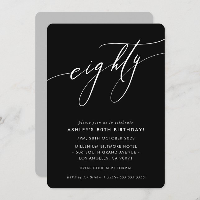 ELEGANT Calligraphy chic 80th birthday black white Invitation (Front/Back)