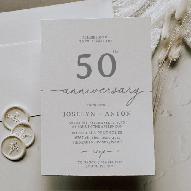 Elegant Calligraphy Chic Grey 50th Anniversary Invitation (Creator Uploaded)