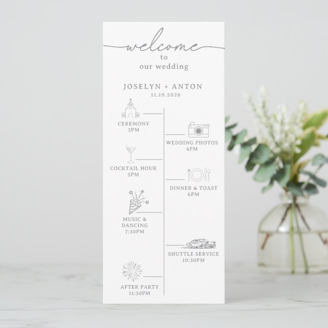 Elegant Calligraphy Chic Grey Timeline Wedding Programme (Standing Front)