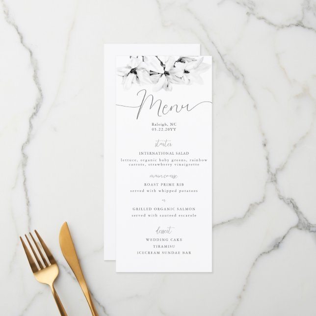Elegant Calligraphy Chic Magnolias Spring Wedding Menu (Front/Back In Situ)