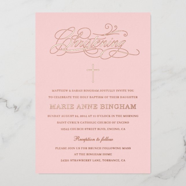 Elegant Calligraphy Christening Blush Rose (Front)