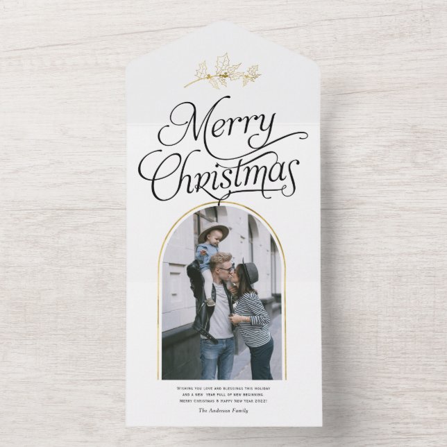 Elegant calligraphy Christmas holiday family photo All In One Invitation (Inside)