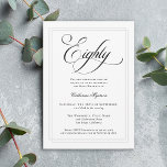 Elegant Calligraphy Classic 80th Birthday Party Invitation<br><div class="desc">Plan an elegant 80th birthday celebration with this classic white party invitation featuring lovely calligraphy script spelling out "Eighty" in formal style. This tasteful gender-neutral invitation has a double lined frame in subtle silver-grey surrounding your text. Personalise the easy-to-use text template with your event details. For your convenience, this invitation...</div>