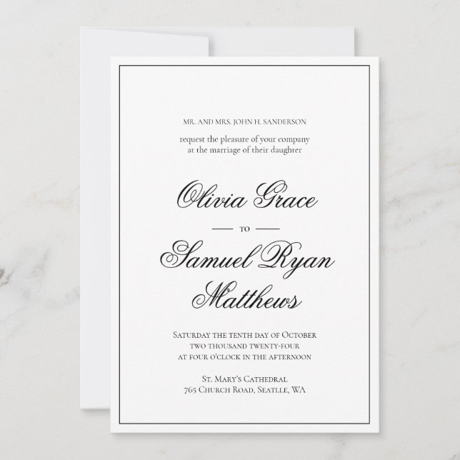 Elegant Calligraphy Classic Border White Wedding Invitation (Front)