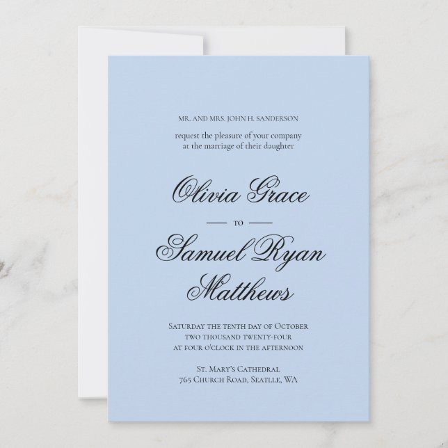 Elegant Calligraphy Classic Dusty Blue Wedding Invitation (Front)
