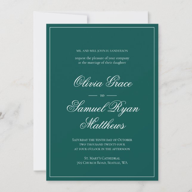Elegant Calligraphy Classic Emerald Green Wedding Invitation (Front)