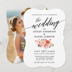 Elegant Calligraphy Coral Floral Photo Wedding Invitation
