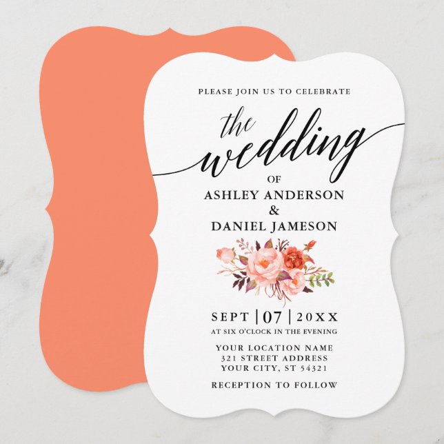 Elegant Calligraphy Coral Floral Wedding Invitation (Front/Back)