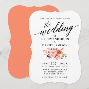 Elegant Calligraphy Coral Floral Wedding Invitation